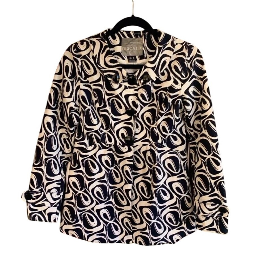 Mac & Jac Women's Swing Jacket Black & White Patterned Button Up Coat Size SM